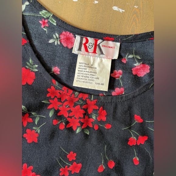 Vintage Floral Sleeveless Black and Red Dress Size 8 - Picture 5 of 6